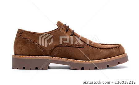 Brown suede leather casual men's shoe with thick rubber sole isolated on white background Brown suede leather casual men's shoe with thick rubber sole isolated on white background 130015212