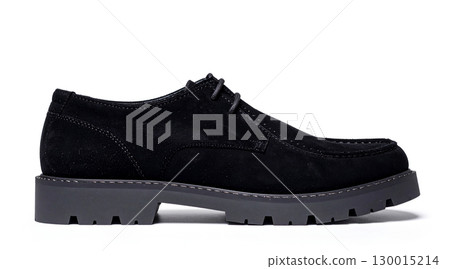 Black suede derby shoes with thick rubber lug sole isolated on white background 130015214