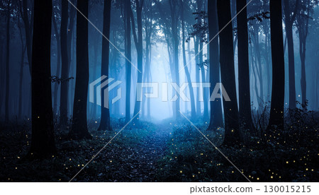 Fireflies illuminating path through misty forest at twilight 130015215