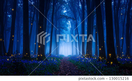 Fireflies illuminating foggy path in dark forest at night 130015216