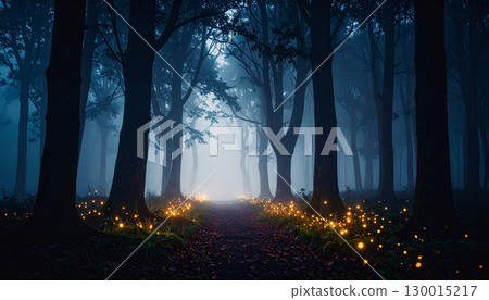 Fireflies illuminating foggy path in dark forest at night Fireflies illuminating foggy path in dark forest at night 130015217
