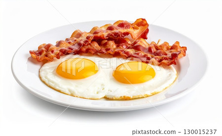 Delicious crispy bacon and two fried eggs served on a white plate for breakfast 130015237