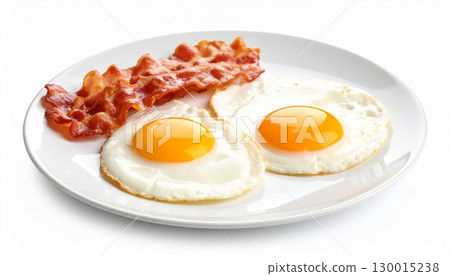 Delicious crispy bacon and two fried eggs served on a white plate for breakfast Delicious crispy bacon and two fried eggs served on a white plate for breakfast 130015238