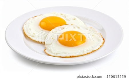Two perfectly fried eggs are served on a white plate 130015239
