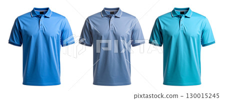 Three blue polo shirts with transparent background showing different shades of color 130015245