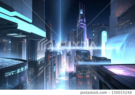 Game background: A futuristic skyscraper cityscape seen from a high floor 130015248