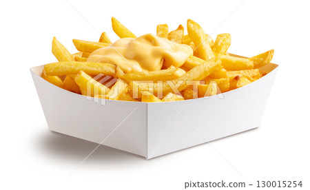 French fries with cheese sauce in a white carton box isolated on transparent background 130015254