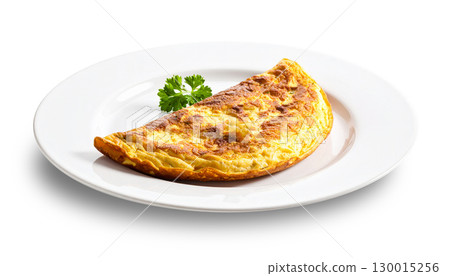 Delicious plain omelette with parsley on white plate with transparent background 130015256