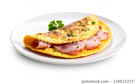 Delicious omelet with ham and parsley on white plate with transparent background Delicious omelet with ham and parsley on white plate with transparent background 130015257