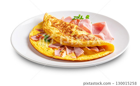 Delicious omelet with ham and parsley on white plate with transparent background 130015258