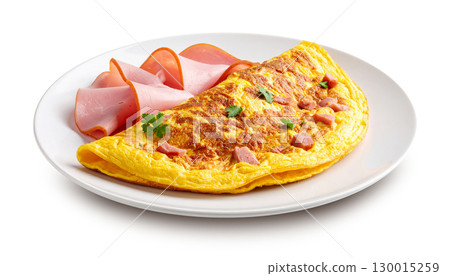 Delicious omelet with ham and parsley on white plate with transparent background Delicious omelet with ham and parsley on white plate with transparent background 130015259