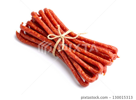 Kabanos sausages isolated on a white background, ready to be eaten 130015313