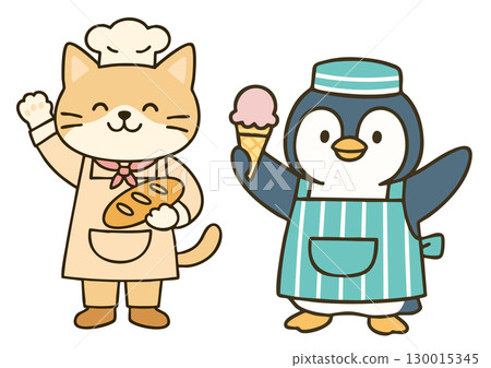 麵包店的貓和冰淇淋店的企鵝的插圖 130015345