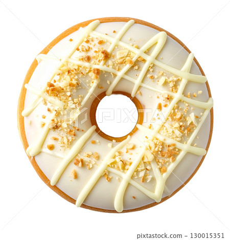 Delicious donut with white chocolate and hazelnut topping on transparent background Delicious donut with white chocolate and hazelnut topping on transparent background 130015351