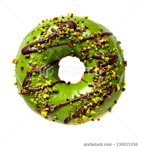Delicious pistachio donut with chocolate icing on transparent background Delicious pistachio donut with chocolate icing on transparent background 130015356