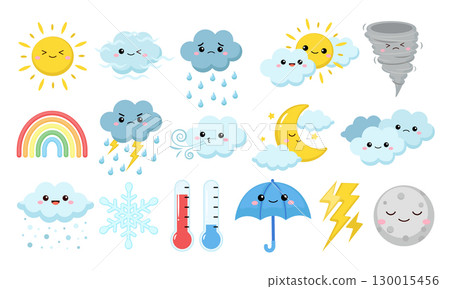 Cute weather forecast element collection, sunny, cloudy, windy, rainbow, foggy, stormy, rainy, snowy Cute weather forecast element collection, sunny, cloudy, windy, rainbow, foggy, stormy, rainy, snowy 130015456