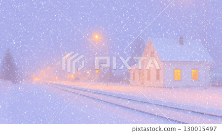 白雪皚皚的鄉村車站－夜晚的寂靜和路燈的光芒 130015497