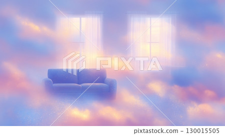 A dreamlike living room sofa surrounded by sunset-colored clouds 130015505