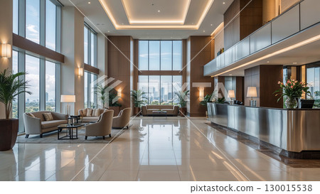 Modern hotel lobby with city view and reception desk 130015538
