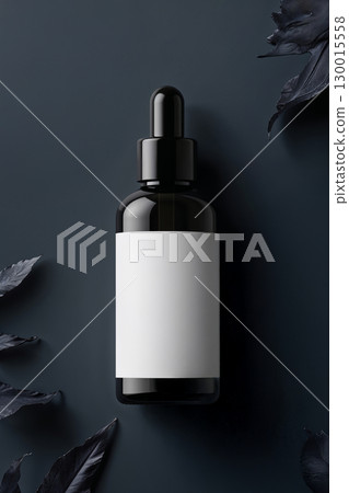 Black dropper bottle mockup with blank label and black leaves on dark background 130015558