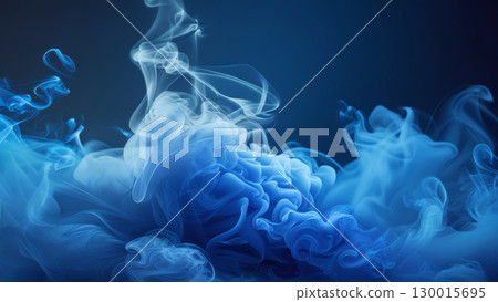 Blue smoke creating abstract shapes on dark background 130015695