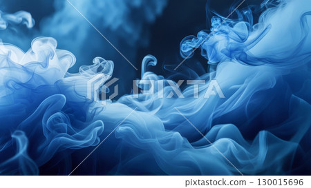 Blue smoke creating abstract shapes in dark background 130015696