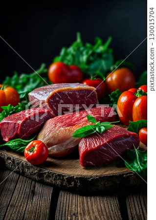 Fresh raw beef steaks with tomatoes and basil on wooden board Fresh raw beef steaks with tomatoes and basil on wooden board 130015704