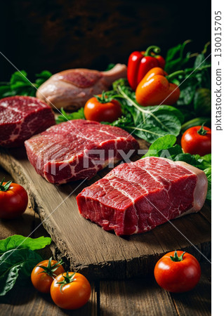 Fresh raw beef steaks with vegetables and chicken leg on rustic wooden board 130015705
