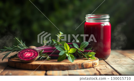 Fresh beetroot juice with mint and rosemary on rustic wooden table 130015710