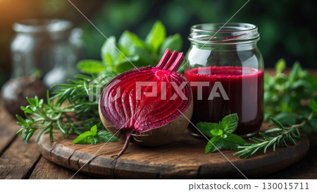 Fresh beetroot juice with herbs on rustic wooden table Fresh beetroot juice with herbs on rustic wooden table 130015711