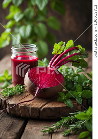 Fresh organic beetroot juice with herbs on rustic wooden table 130015712