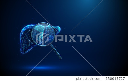 Abstract blue human liver with magnifying glass. Medical diagnostics and health concept, disease detection and analysis concept. 130015727