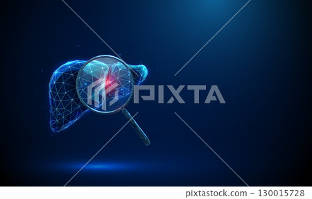 Liver with magnifying glass highlighting red spot. Liver inflammation, disease detection, diagnostic testing, medical analysis concept. 130015728
