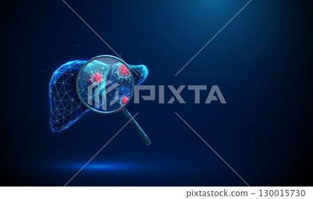 Liver with magnifying glass showing viruses inside. Vral hepatitis, infection detection, diagnostic testing, medical analysis concept. 130015730