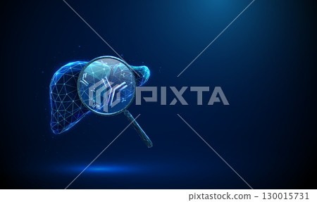 Liver with magnifying glass showing antibodies inside. Viral, autoimmune liver disease detection, serological testing, immune response analysis concept. Liver with magnifying glass showing antibodies inside. Viral, autoimmune liver disease detection, serological testing, immune response analysis concept. 130015731