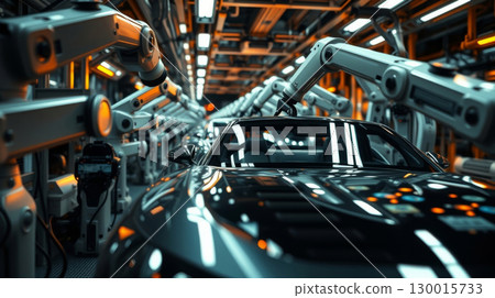Robotic arms assembling modern car in automated production line 130015733