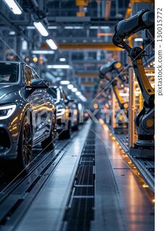 Robotic arms building cars in modern automated factory 130015772
