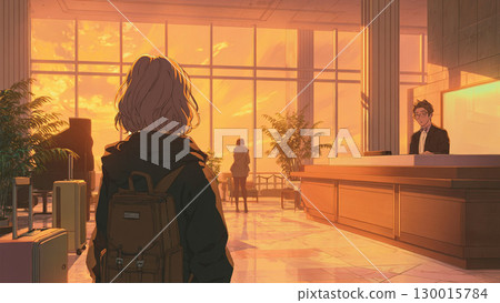 Woman standing in a hotel lobby 130015784