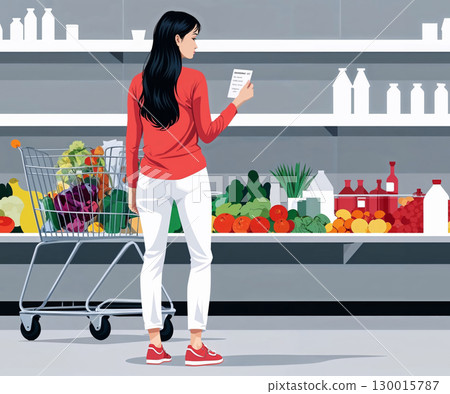 Woman checking grocery shopping list in supermarket with full shopping cart 130015787