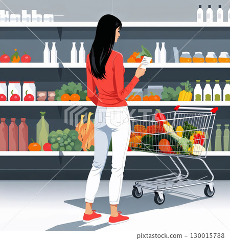 Woman checking shopping list while buying groceries in supermarket with full shopping cart Woman checking shopping list while buying groceries in supermarket with full shopping cart 130015788