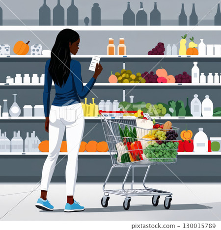 Woman checking grocery shopping list in supermarket with full shopping cart 130015789