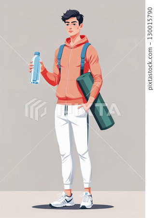 Young man holding water bottle and yoga mat going to gym Young man holding water bottle and yoga mat going to gym 130015790