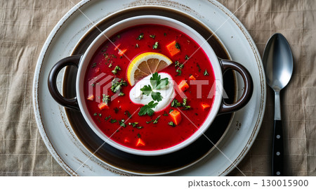 Delicious beetroot soup with sour cream, lemon, and parsley being served 130015900