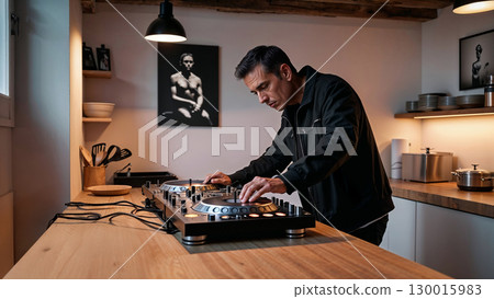 Dj playing music on mixer in modern kitchen Dj playing music on mixer in modern kitchen 130015983