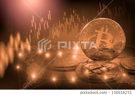 Modern way of exchange. Bitcoin is convenient payment in global economy market. Virtual digital currency and financial investment trade concept. Abstract cryptocurrency with gold bitcoin background. 130016251