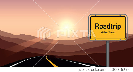 road trip adventure in mountain landscape at sunset vector illustration road trip adventure in mountain landscape at sunset vector illustration 130016254