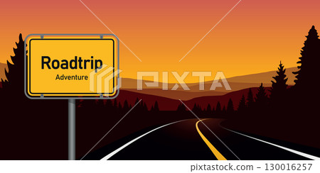 road trip adventure in the forest in mountain landscape vector illustration 130016257