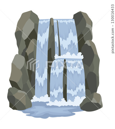 Cartoon river cascade waterfall. Landscape with mountains and trees. Design element for travel brochure or illustration mobile game. Fresh natural water 130016433
