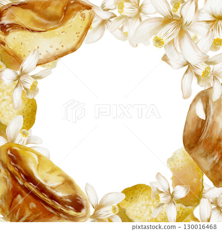 Square frame with pastel de Nata dessert,blooming white lemon tree flowers,peel,zest spirals and curls-fragrant for menu of bakery.Hand drawn watercolor illustration isolated on white Square frame with pastel de Nata dessert,blooming white lemon tree flowers,peel,zest spirals and curls-fragrant for menu of bakery.Hand drawn watercolor illustration isolated on white 130016468