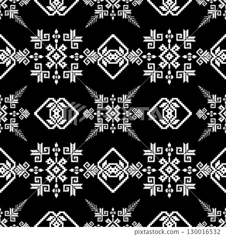 Seamless boho-style pixel art pattern with traditional embroidery inspiration. Great for digital backgrounds, textile prints, ethnic crafts and vintage design projects. Seamless boho-style pixel art pattern with traditional embroidery inspiration. Great for digital backgrounds, textile prints, ethnic crafts and vintage design projects. 130016532